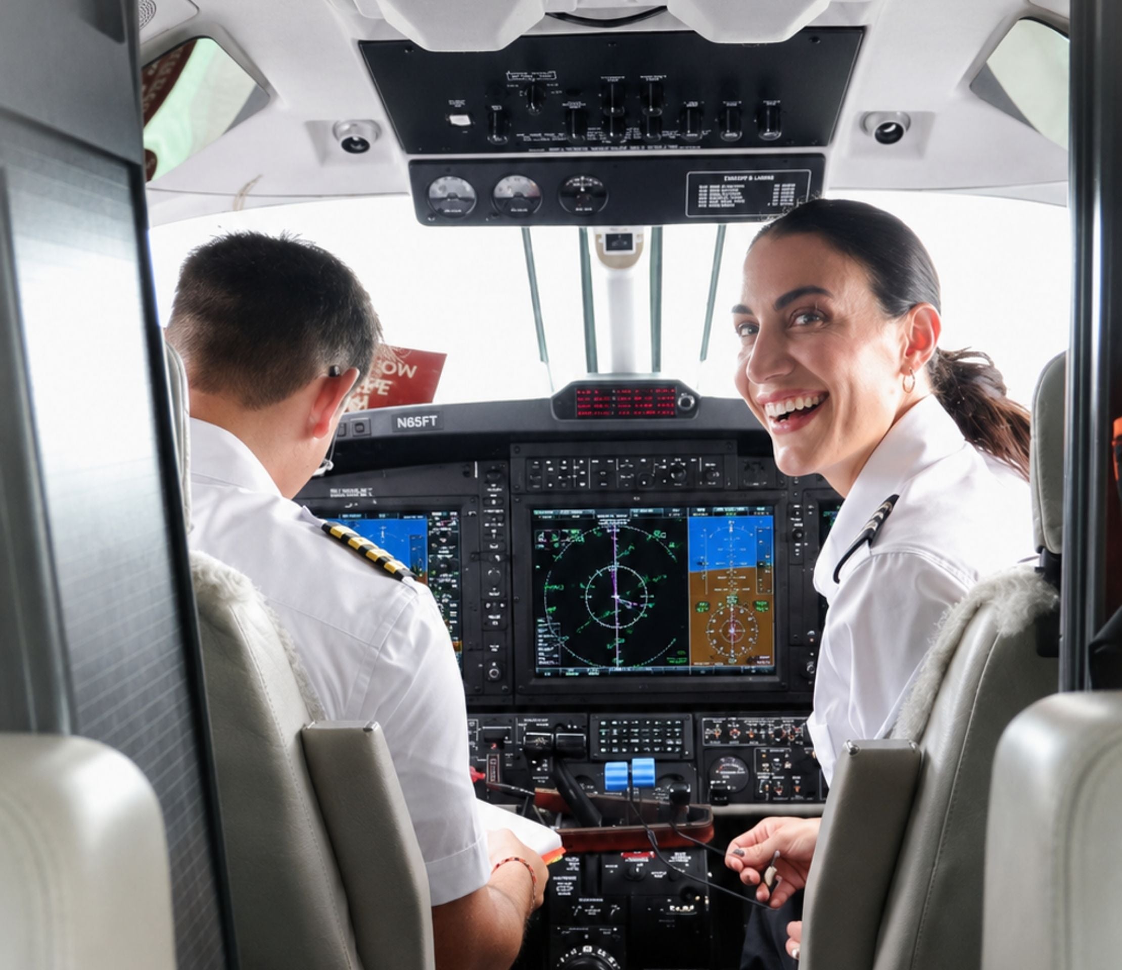 two people sitting in airplane cockpit, wearing white pilot uniform shirts from Skyshield, one person facing controls, other person looking back, smiling